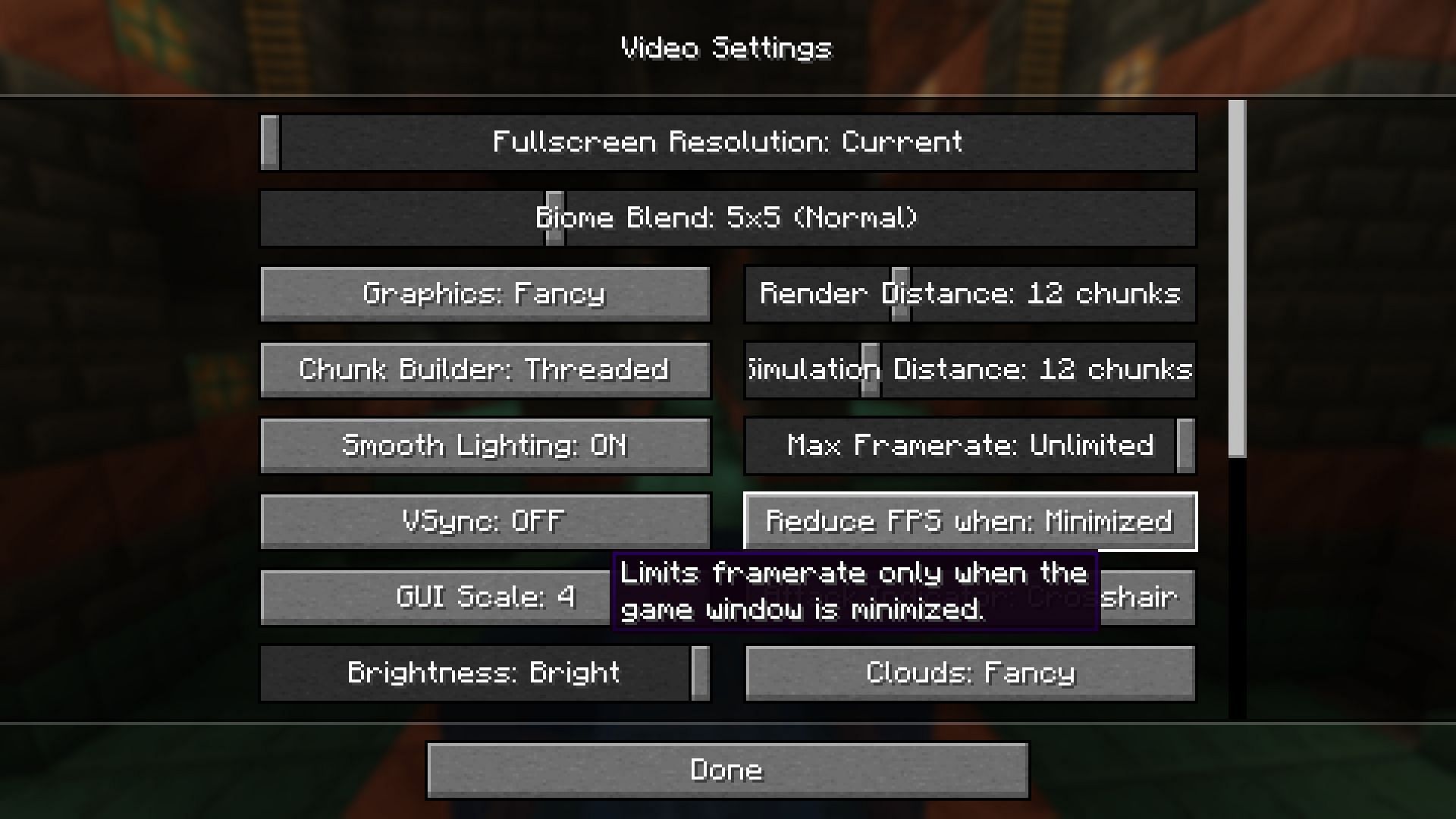New Reduce FPS option in video settings (Image via Mojang Studios)